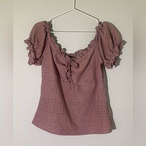 Plus Size Mauve Eyelet Lace Ruched Top with Puff Sleeves, 1X